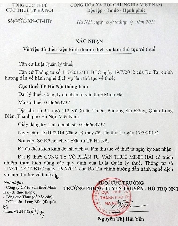 Xác nhận đủ điều kiện kinh doanh dịch vụ làm thủ tục về thuế